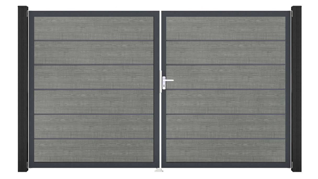 planeo Gardence Simply Premium – 2-panel PVC gate in Grey Ash Cut with aluminium frame, 300 x 180 cm