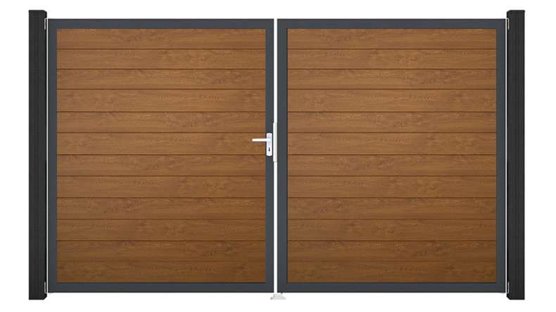 planeo Gardence Simply Small – 2-panel PVC gate in Golden Oak with aluminium frame, 300 x 180 cm