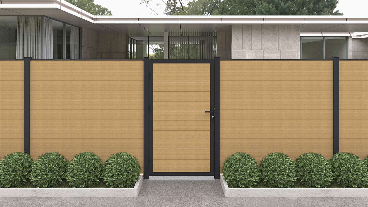 planeo INFINITY - WPC CoEx universal door sand with anthracite aluminium frame 100 x 180 cm