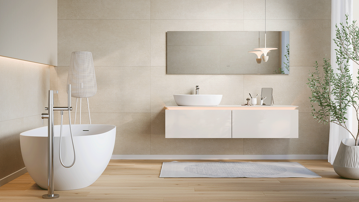 planeo SPC wall panelling – CeraRock Tile Stripes Concrete Tan XL 280 x 117.5 cm