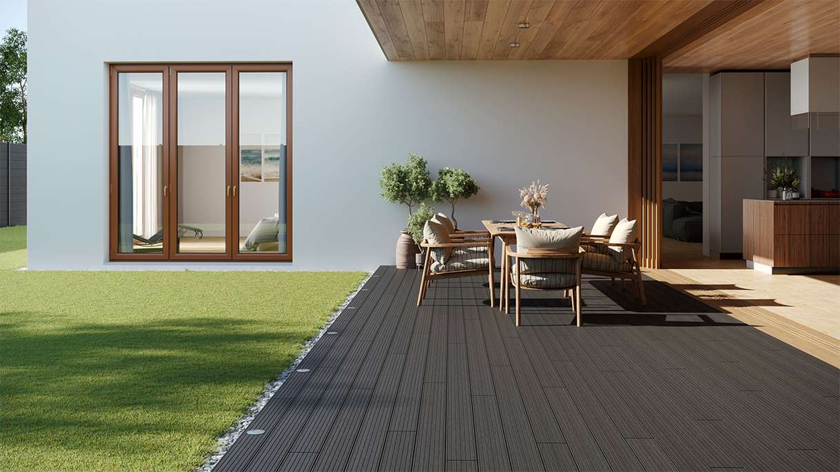 planeo LightWood WPC decking board hollow chamber - Dark grey 3.6m fine grooved/grooved
