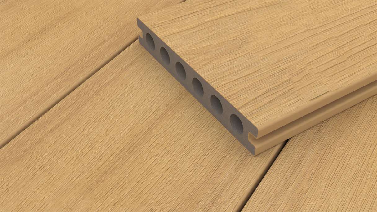 planeo WOODLine Nature - WPC CoEx coated decking board hollow chamber - sand 3m textured/smooth brushed