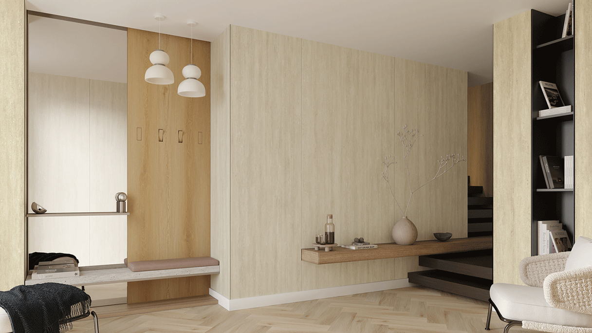 planeo SPC wall cladding – CeraRock Tile Stripes Light Travertine XL 280 x 117.5 cm