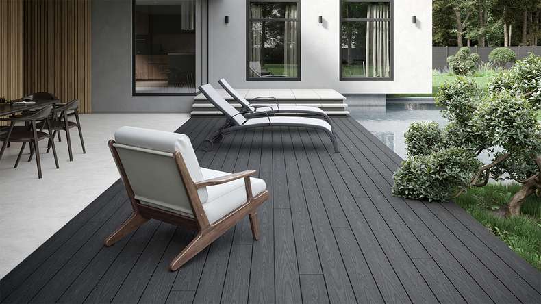 planeo CoEXWood WPC solid coated decking board - Anthracite grey/Grey-brown 3m structured