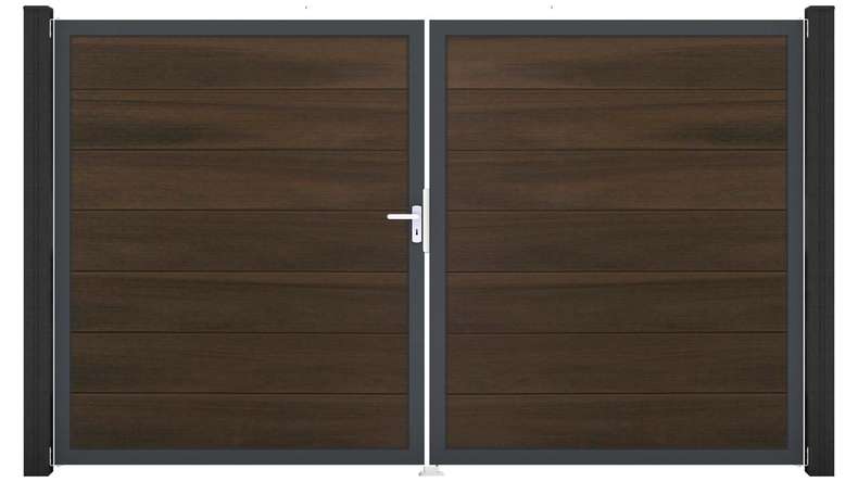 planeo Gardence Strong XL – BPC gate – double-leaf, walnut co-ex with aluminium frame
