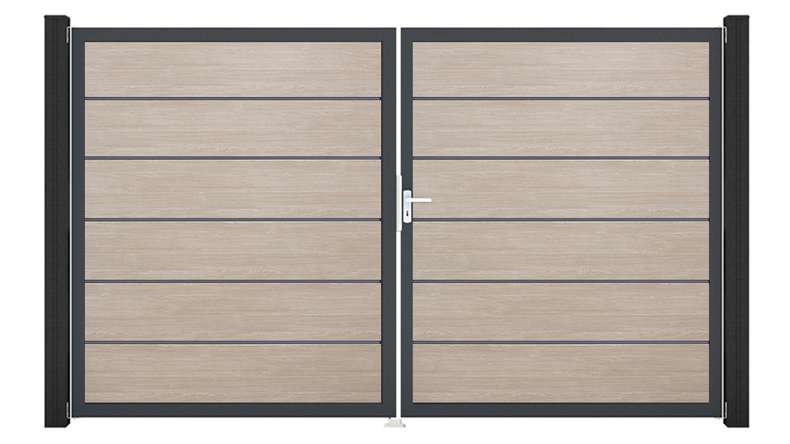 planeo Gardence Simply Premium - PVC door - DIN right 2-leaf Sheffield Oak with anthracite aluminium frame | DB703 300 x 180 cm