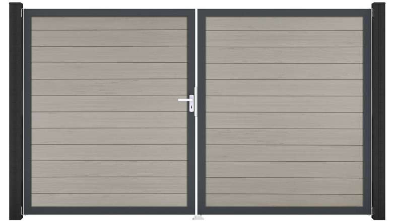 planeo Gardence Strong – BPC gate – double-leaf, two-tone sand with aluminium frame