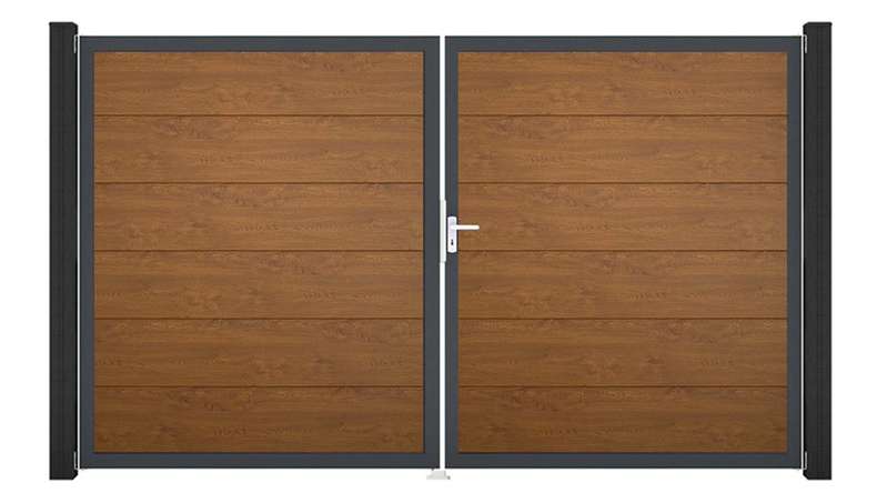 planeo Gardence Simply – 2-leaf PVC gate in Golden Oak with aluminium frame