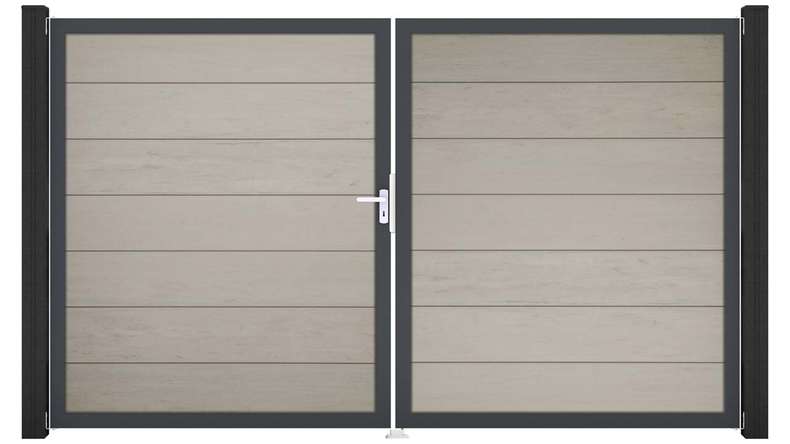 planeo Gardence Strong XL – BPC gate – double-leaf, two-tone sand, with aluminium frame