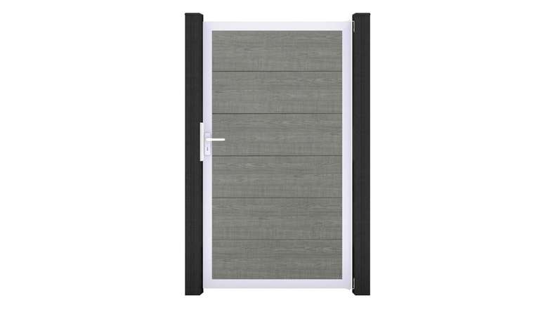planeo Basic - PVC plug-in fence universal gate Grey Ash Cut with aluminium frame in silver | EV1 100 x 180 cm