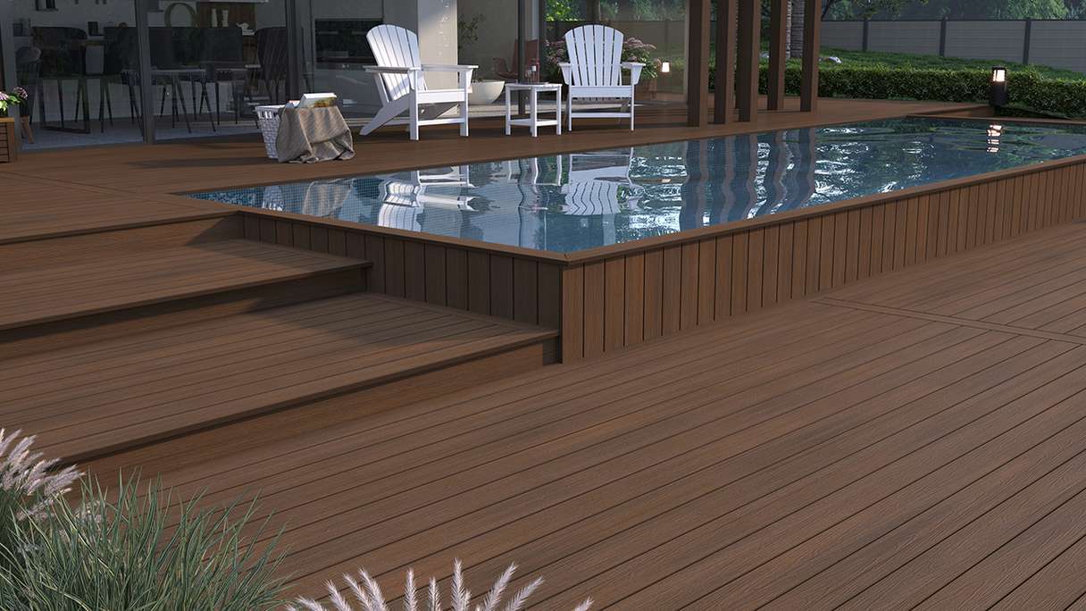 planeo WOODLine Nature - WPC CoEx coated decking board hollow chamber - Ipe Brown 3m textured/smooth brushed