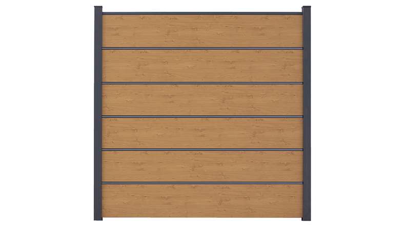 planeo Gardence Simply Premium - PVC plug-in fence natural knotty oak with pilaster strips in anthracite 180 x 180 cm
