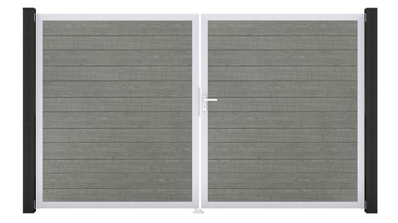 planeo Gardence Simply Small – 2-panel PVC gate in Grey Ash Cut with aluminium frame, 300 x 180 cm