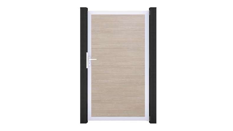 planeo Basic - PVC plug-in fence universal gate Sheffield Oak with aluminium frame in silver | EV1 100 x 180 cm