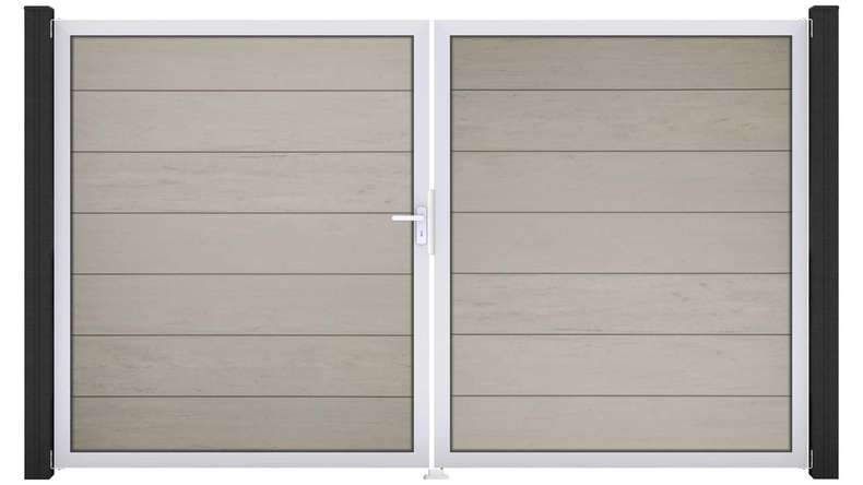 planeo Gardence Strong XL – BPC gate – double-leaf, two-tone sand, with aluminium frame