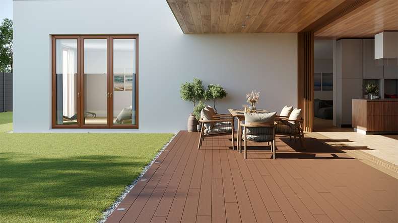 planeo LightWood WPC decking board hollow chamber - Light brown 3m fine grooved/grooved