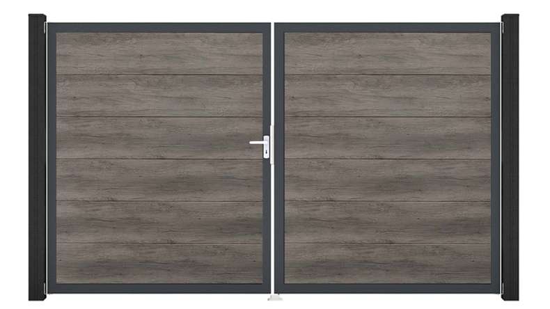planeo Gardence Simply – 2-panel PVC gate in Monument Oak with aluminium frame