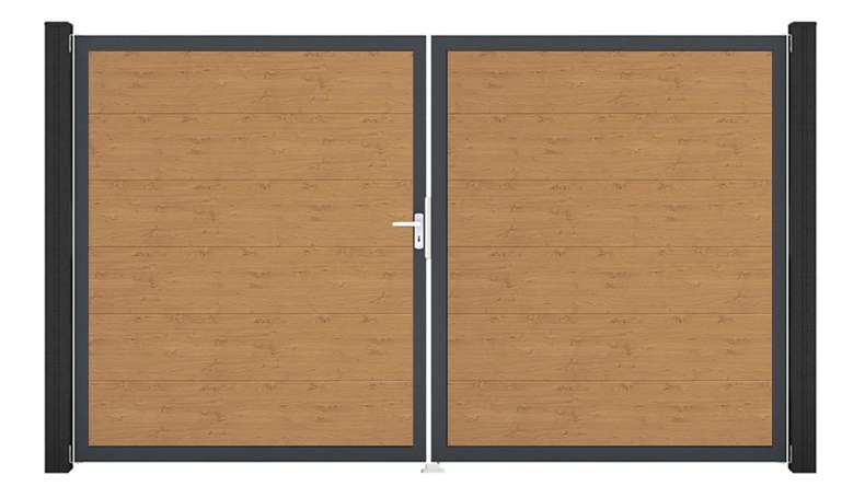 planeo Gardence Simply – 2-leaf PVC gate in natural knotty oak finish with aluminium frame