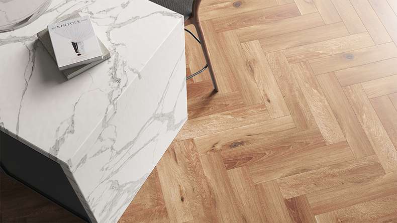 planeo Rigid Klick Vinyl - SolutionX 2in1 Herringbone Oak Natural Rustic | Impact sound insulation integrated (ECF-HB-0755)