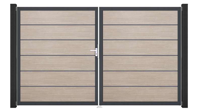 planeo Gardence Simply Premium - PVC-Tor 2-flügelig Sheffield Oak mit Alurahmen 300 x 180 cm