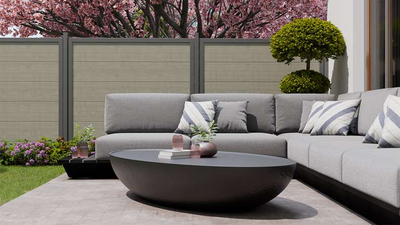 planeo Gardence Simply Guard - PVC garden fence Grey Ash Cut with aluminium frame in anthracite 180 x 180 cm