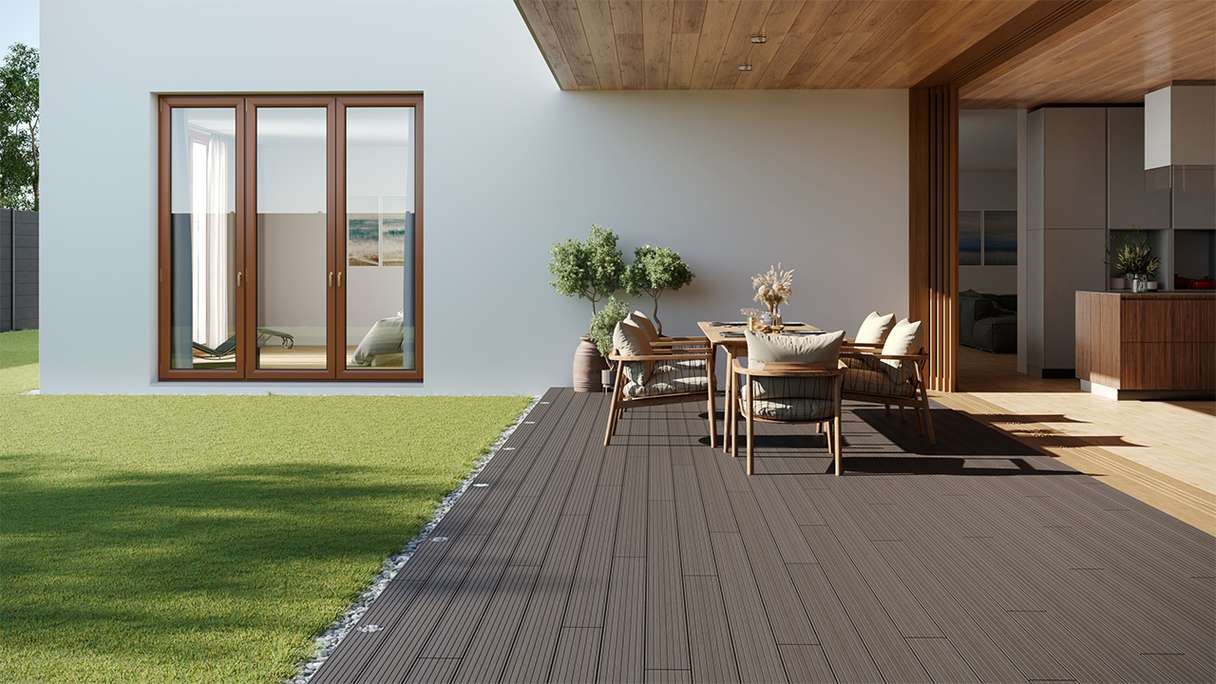 planeo LightWood WPC decking board hollow chamber - Light grey 4.2m fine grooved/grooved