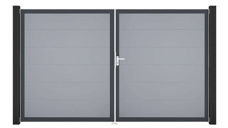 planeo Gardence Simply – 2-leaf PVC gate in silver-grey with aluminium frame