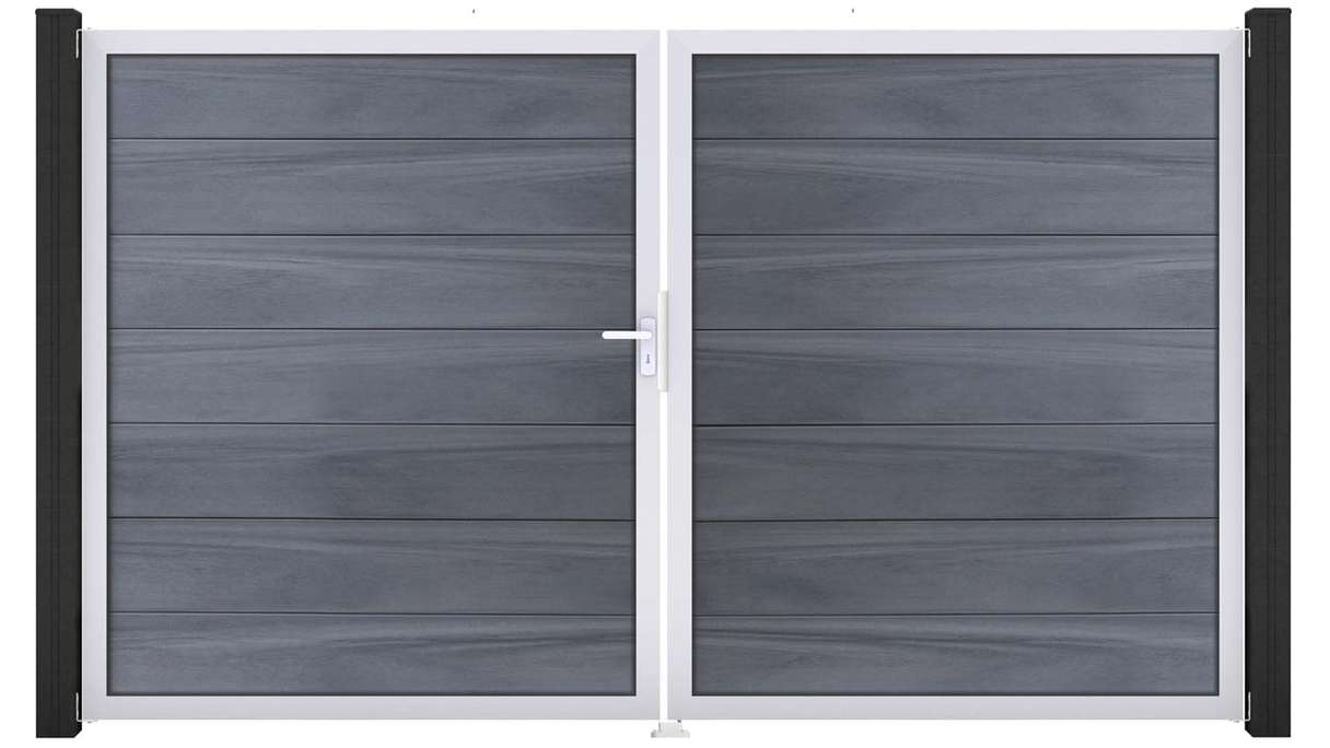 planeo Gardence Strong XL – BPC gate – double-leaf, stone grey co-extruded with aluminium frame