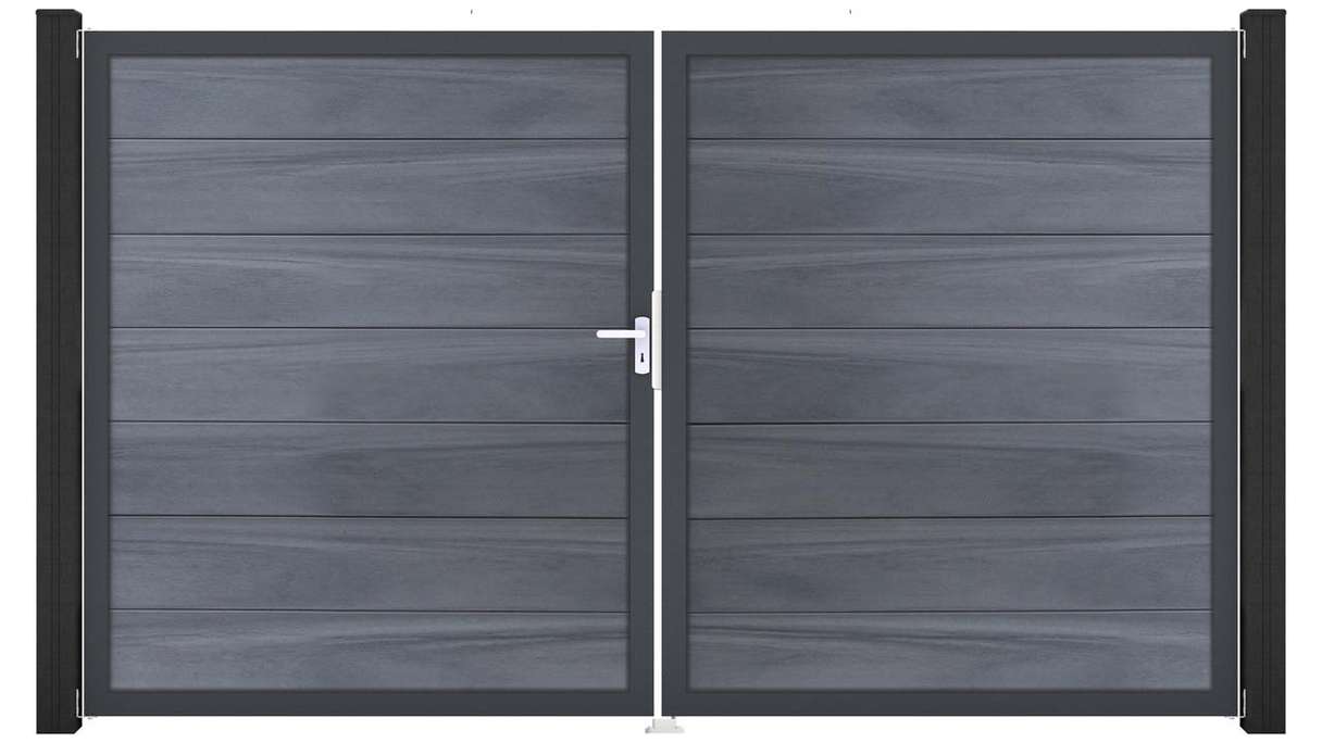 planeo Gardence Strong XL – BPC gate – double-leaf, stone grey co-extruded with aluminium frame