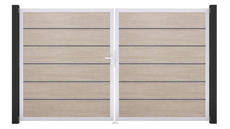 planeo Gardence Simply Premium - PVC-Tor 2-flügelig Sheffield Oak mit Alurahmen 300 x 180 cm