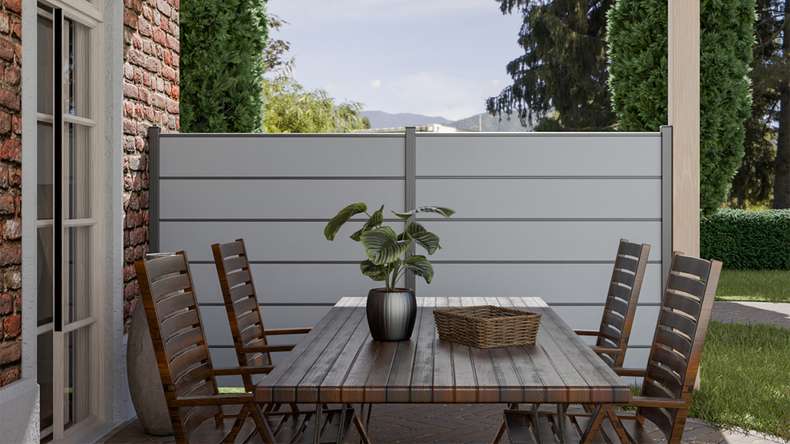 planeo Gardence Simply Premium - PVC plug-in fence silver-grey with pilaster strips in anthracite 180 x 180 cm