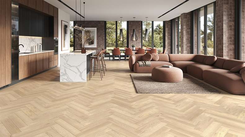planeo Rigid Klick Vinyl - SolutionX 2in1 Herringbone Oak Light | Impact sound insulation integrated (ECF-HB-4855)