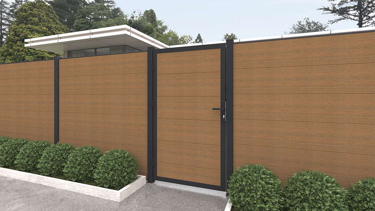 planeo INFINITY XL-Board - WPC CoEx universal door Burma teak with anthracite aluminium frame 100 x 180