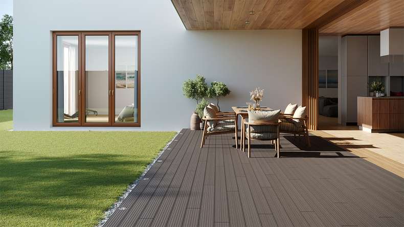 planeo LightWood WPC decking complete set hollow chamber plank 4.8m (34.56m²) - Light grey grooved/grooved