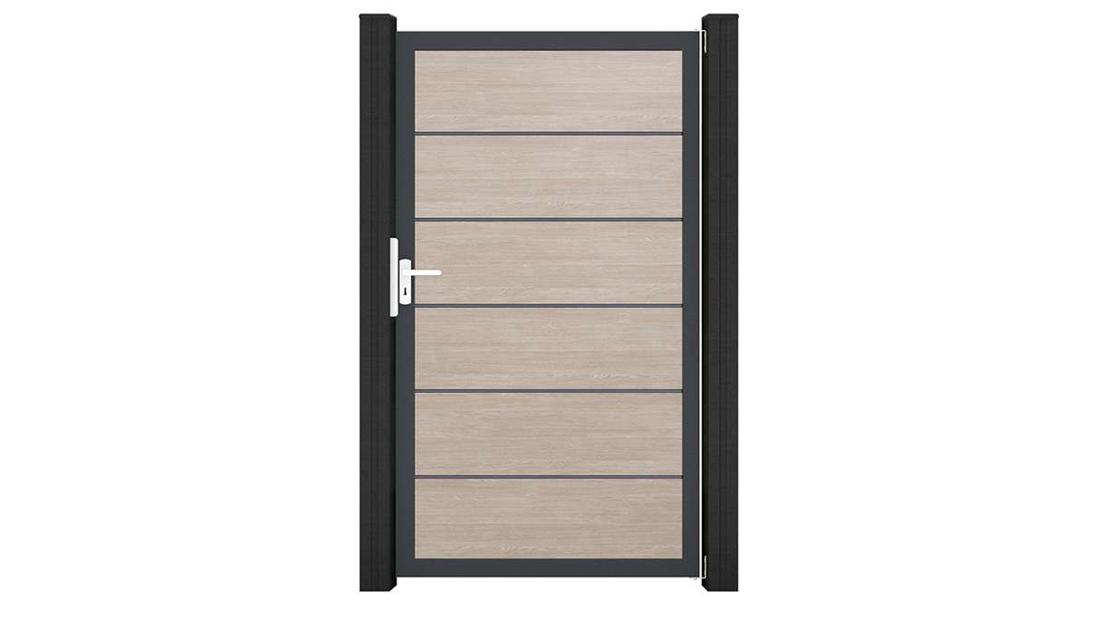 planeo Gardence Simply Premium – Sheffield Oak universal PVC gate with aluminium frame, 100 x 180 cm 
