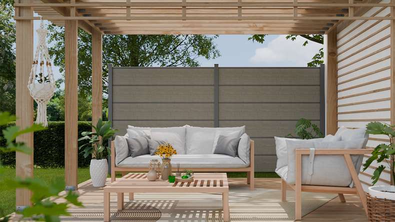planeo Gardence Simply Premium - PVC plug-in fence Grey Ash Cut with pilaster strips in anthracite 180 x 180 cm