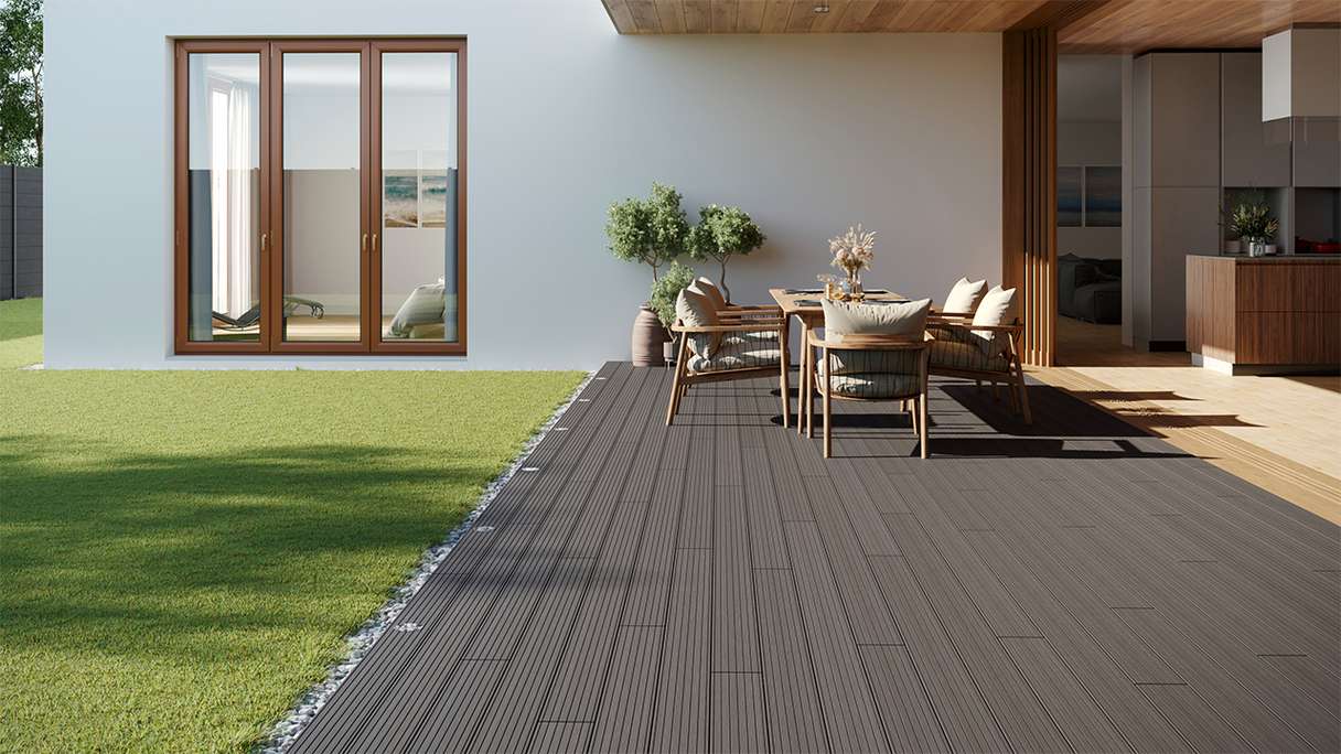 planeo LineWood WPC Solid decking board - Light grey 3m grooved/grooved