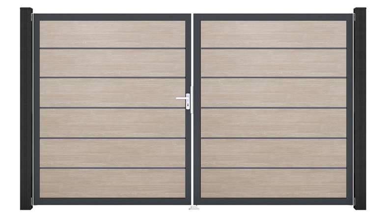 planeo Gardence Simply Premium - PVC door - DIN left 2-leaf Sheffield Oak with anthracite aluminium frame | DB703 300 x 180 cm