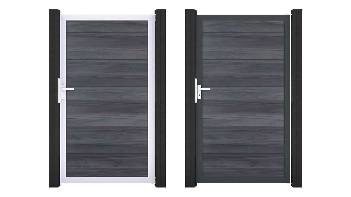 planeo Gardence Strong – BPC Universal Gate, Stone Grey co-ex with aluminium frame, 100 x 180 cm