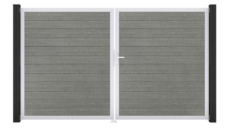 planeo Gardence Simply Small - PVC door - DIN right 2-leaf Grey Ash Cut with silver aluminium frame | EV1 300 x 180 cm