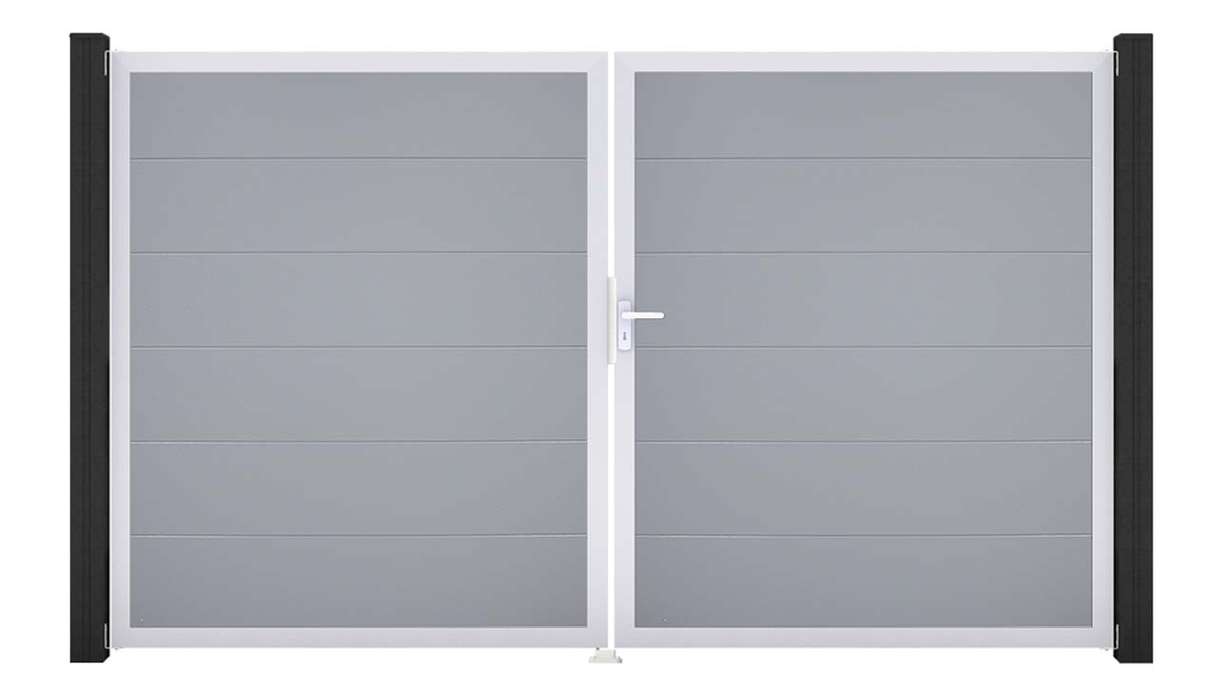 planeo Gardence Simply – 2-leaf PVC gate in silver-grey with aluminium frame