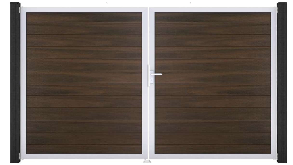 planeo Gardence Strong – BPC gate – double-leaf, walnut co-ex with aluminium frame