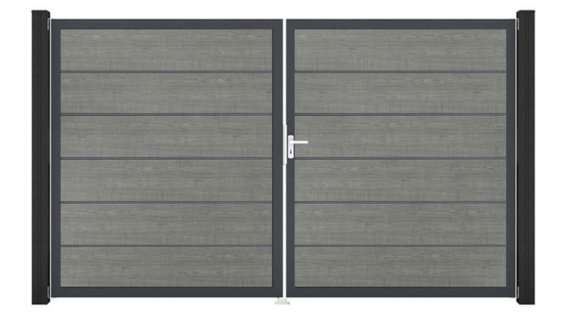 planeo Gardence Simply Premium - PVC door - DIN left 2-leaf Grey Ash Cut with anthracite aluminium frame | DB703 300 x 180 cm
