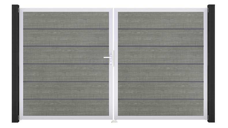 planeo Gardence Simply Premium – 2-panel PVC gate in Grey Ash Cut with aluminium frame, 300 x 180 cm