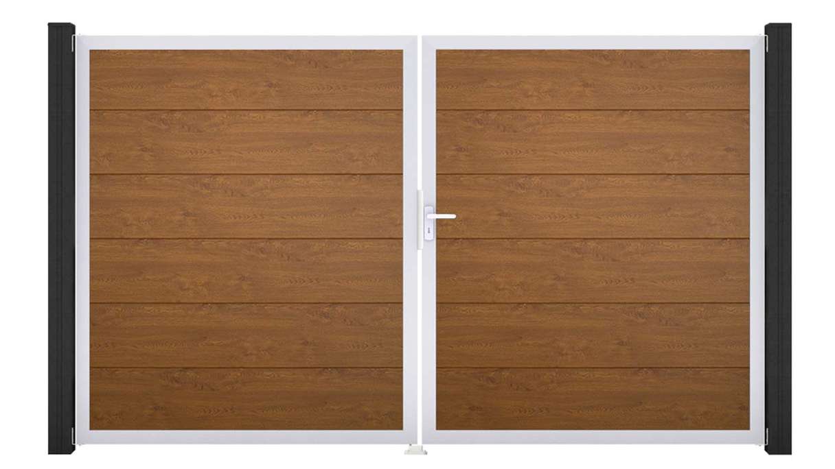 planeo Gardence Simply – 2-leaf PVC gate in Golden Oak with aluminium frame