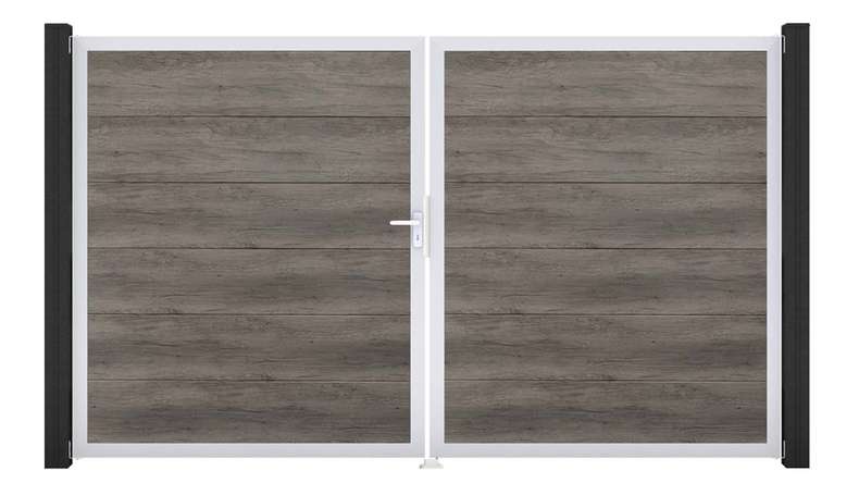 planeo Gardence Simply – 2-panel PVC gate in Monument Oak with aluminium frame