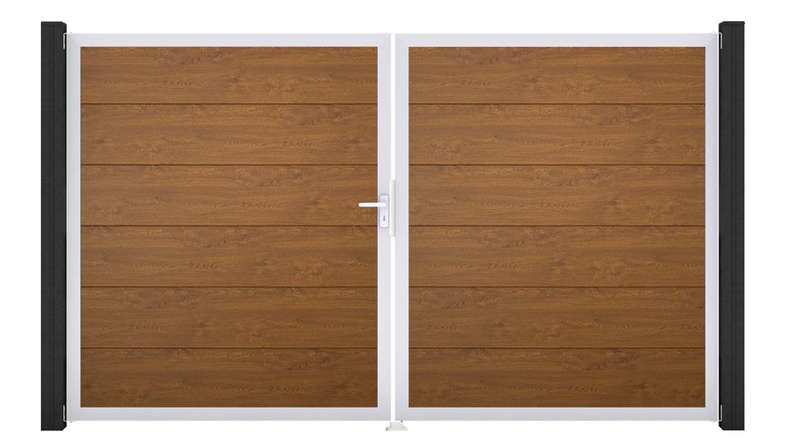 planeo Gardence PVC door - DIN left 2-leaf Golden Oak with silver aluminium frame