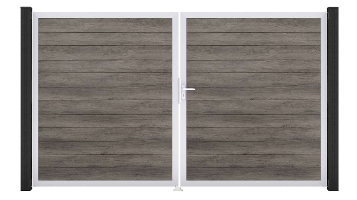 planeo Gardence Simply Small – 2-panel PVC gate in Monument Oak with aluminium frame, 300 x 180 cm