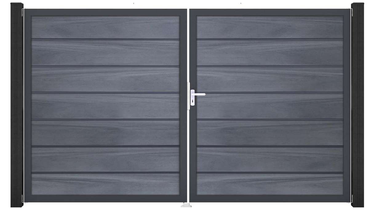 planeo Gardence Deluxe – BPC gate – double-leaf, stone grey co-ex with aluminium frame