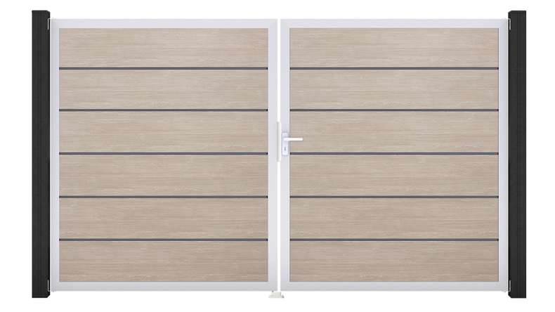planeo Gardence Simply Premium - PVC-Tor 2-flügelig Sheffield Oak mit Alurahmen 300 x 180 cm